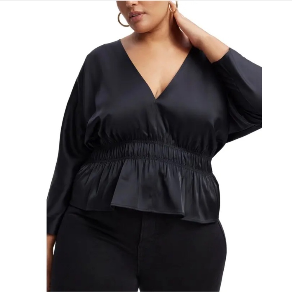 Good American Deep V-Neck Dolman Sleeve Satin Top Black size 7- 4XL